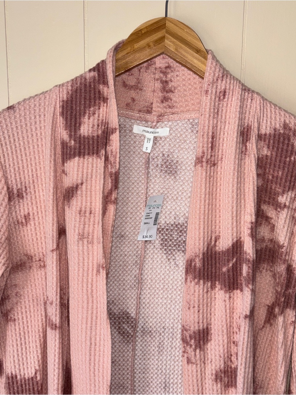 Maurices Dusty Pink Tie-Dye Waffle Knit Open Cardigan